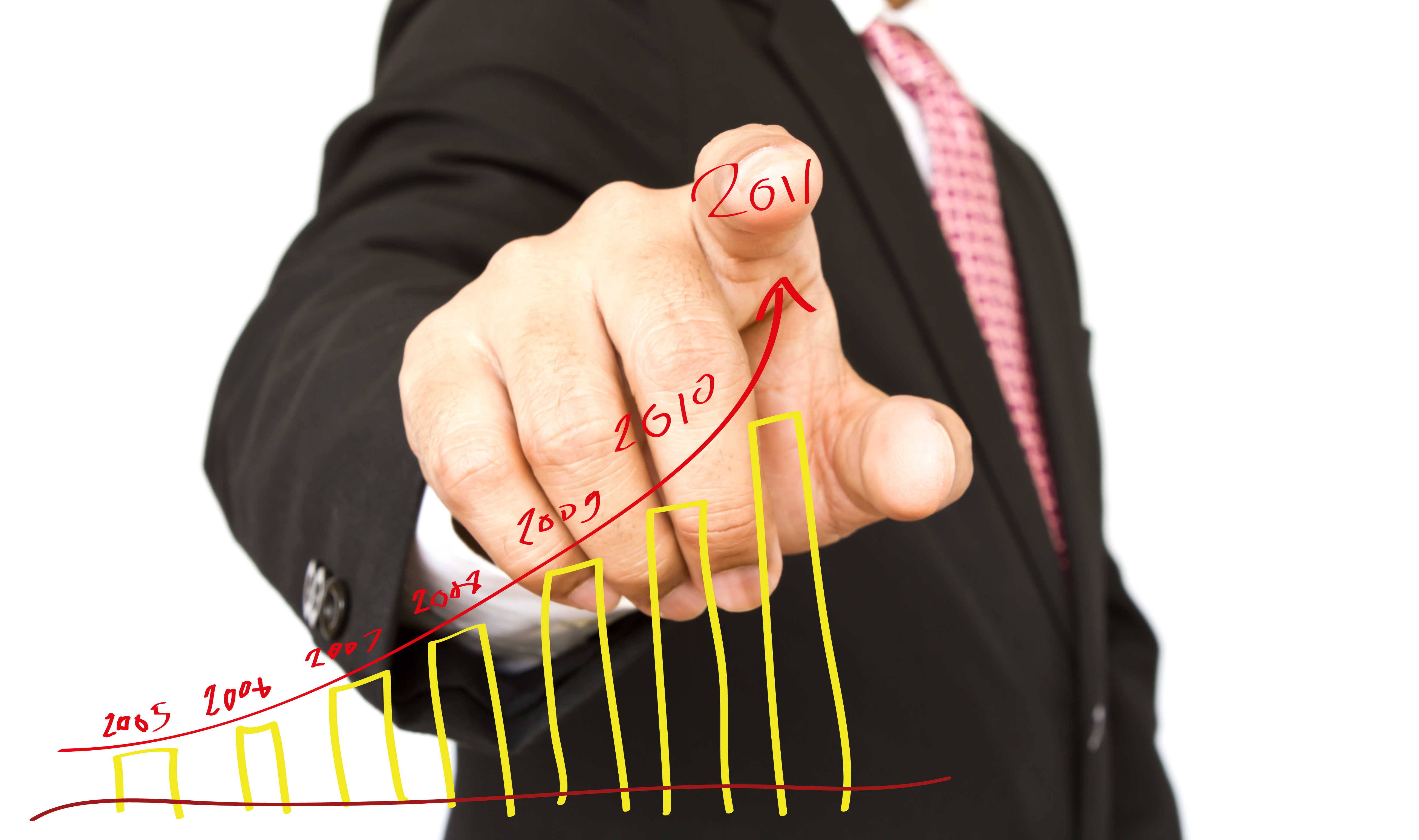 Businessman hand write graph isolated on white